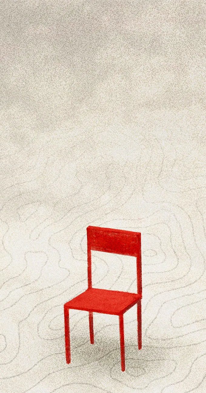 A single red chair is placed on a textured surface with faint contour lines and a speckled gray background.