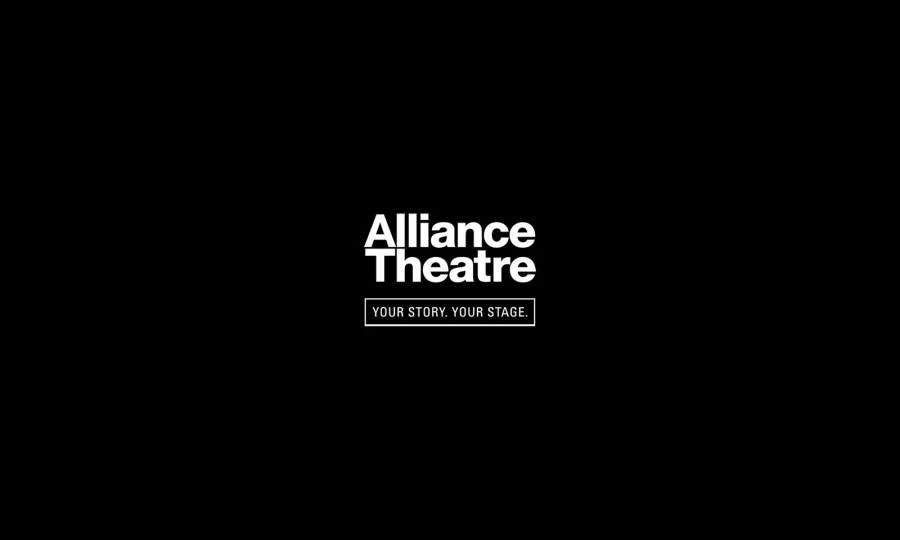 White text on a black background reads "Alliance Theatre" with the tagline "Your story. Your stage." displayed in a box below.