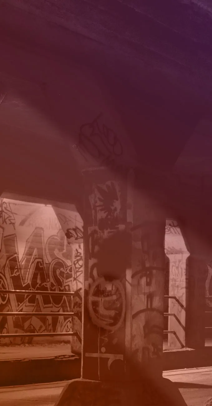 Concrete pillars under a bridge covered in graffiti art, with sunlight streaming through, creating a warm, hazy atmosphere.