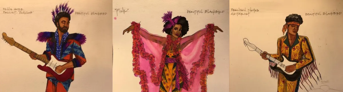 Three illustrated costume designs feature musicians with electric guitars, each wearing colorful, flamboyant outfits with elaborate patterns and decorative details.