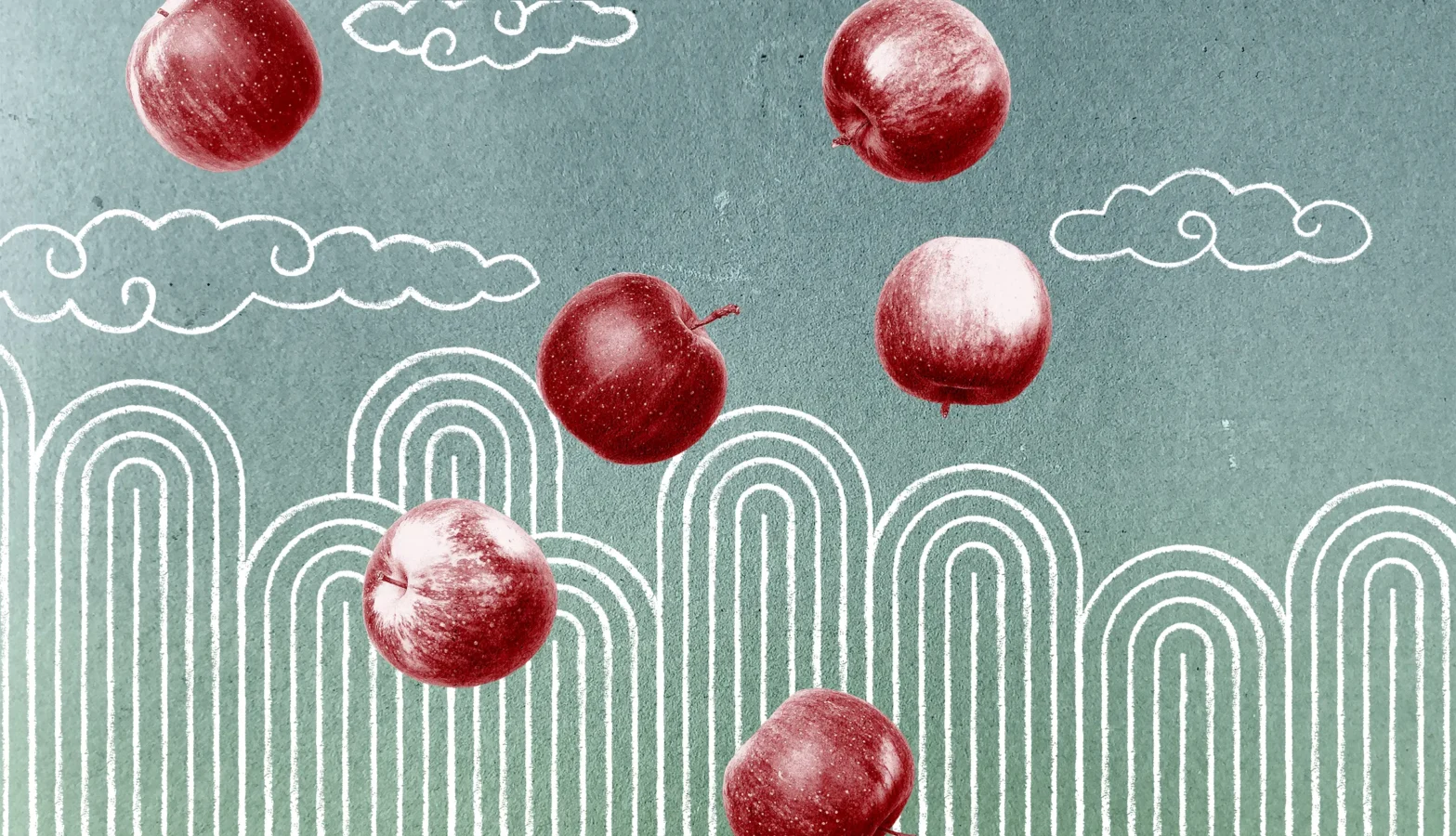 Six red apples appear to float in the air against a green background with white line drawings of clouds and arches.