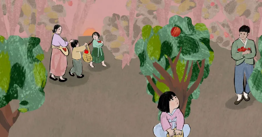 Illustration of people picking red fruit from trees; a woman and children gather fruit while a girl sits alone and a boy stands holding fruit in his arms.