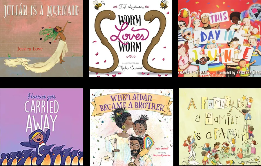 Six children's book covers are arranged in a grid; each book highlights themes of diversity, family, and inclusion.