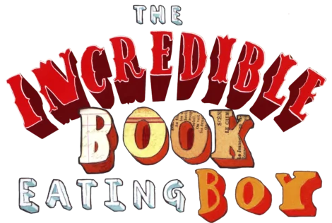 Stylized text reads "The Incredible Book Eating Boy" with each word rendered in a different font and color.
