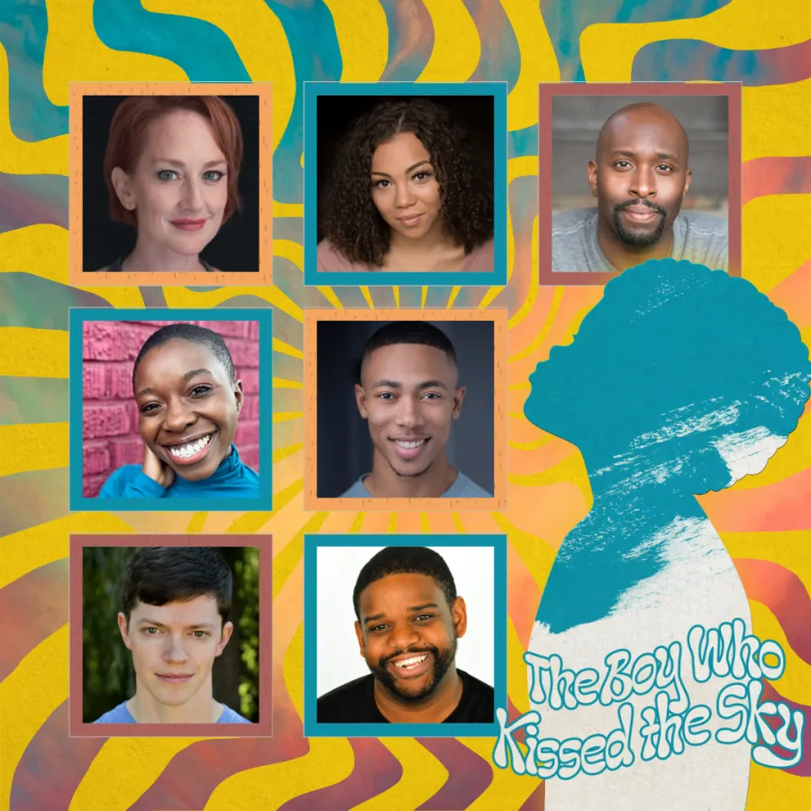 A collage of seven actors' headshots arranged in a grid over a colorful, swirling background with the text "The Boy Who Kissed the Sky" next to a blue silhouette.