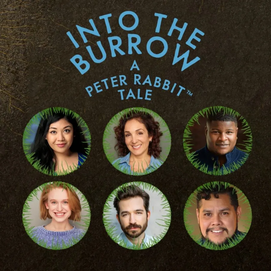 Six actors’ headshots are arranged in two rows under the title “Into the Burrow: A Peter Rabbit Tale” on a dark background.