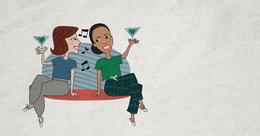 Two people sit side by side, smiling and holding martini glasses, with musical notes floating between them against a textured background.