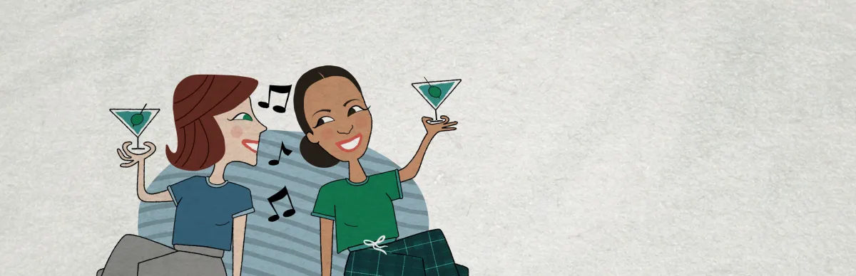 Two illustrated women smiling and holding cocktails, with music notes between them, sitting against a simple background.
