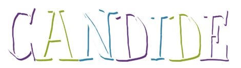 The word "CANDIDE" is written in large, stylized letters with a white fill and colorful, irregular outlines on a transparent background.