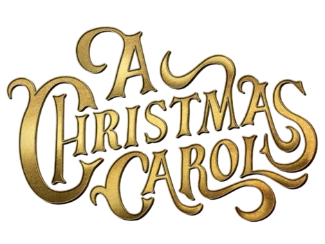 Gold ornate text reads "A Christmas Carol" in a decorative, vintage style font on a transparent background.
