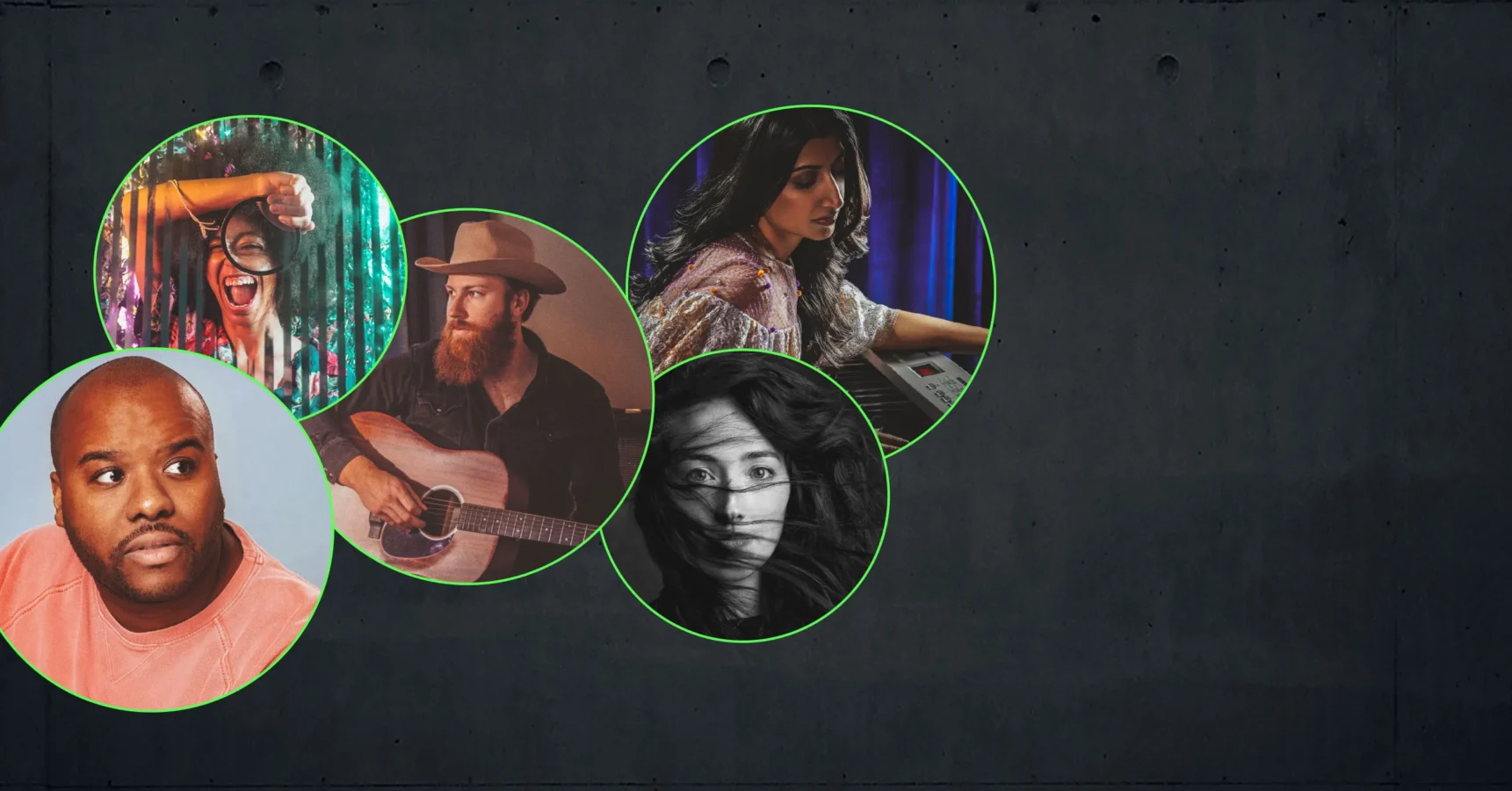 A collage of five people: a woman dancing, a man with a guitar, a woman at a keyboard, a man in a pink shirt, and a woman with her hair covering part of her face.