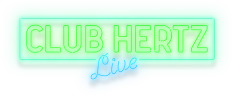 Neon sign reading "CLUB HERTZ Lite" with "CLUB HERTZ" in green and "Lite" in blue cursive, both emitting a glowing effect.