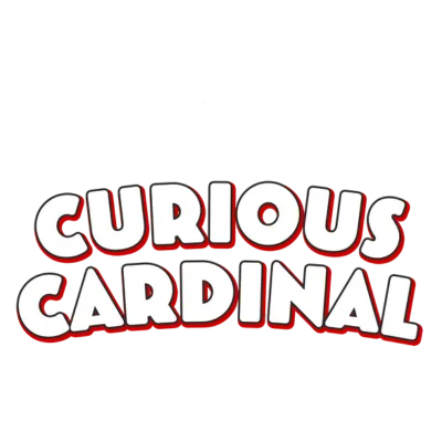 Text logo with the words "Curious Cardinal" in bold, white, rounded letters outlined in red, set against a transparent background.