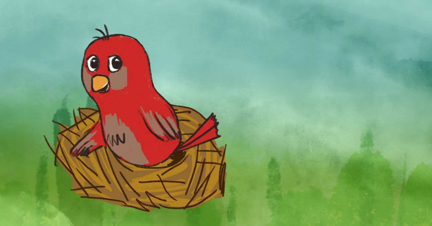A cartoon red bird with large eyes sits in a brown nest against a soft green and blue background.
