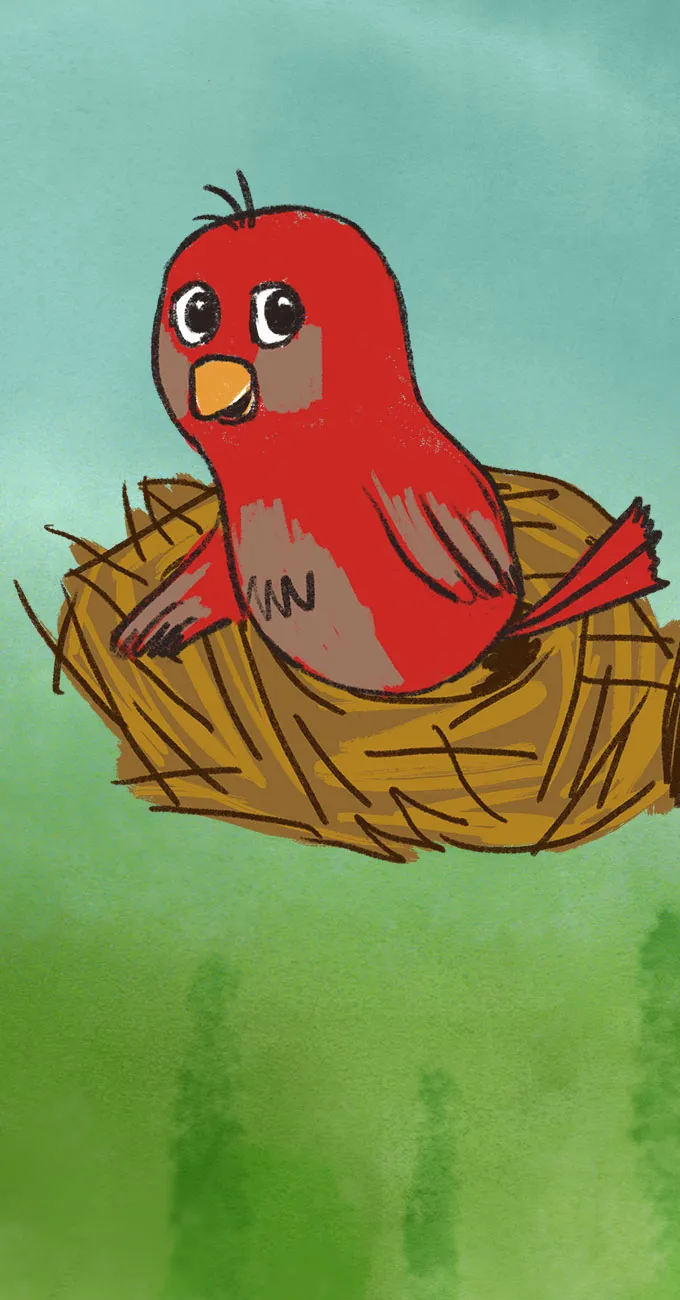Illustration of a red bird with brown markings sitting in a nest against a blue and green background.