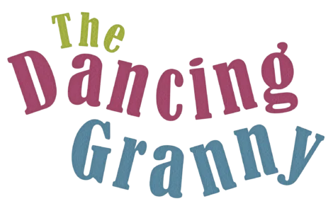 Text reads "The Dancing Granny" with "The" in light green, "Dancing" in purple, and "Granny" in blue, each word in a different font size and style.