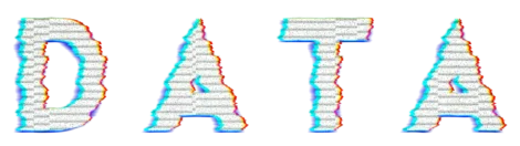 The word "DATA" in bold, white, textured letters is displayed over a background of horizontal red, blue, and green glitch-like stripes.