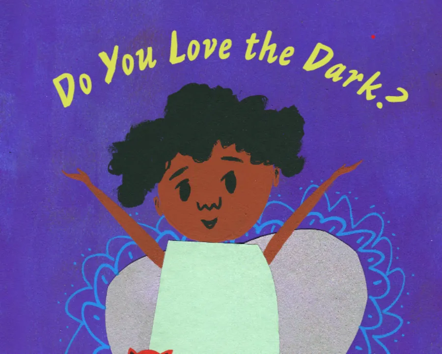 Illustration of a child with curly hair, arms raised, under the text “Do You Love the Dark?” on a purple background.