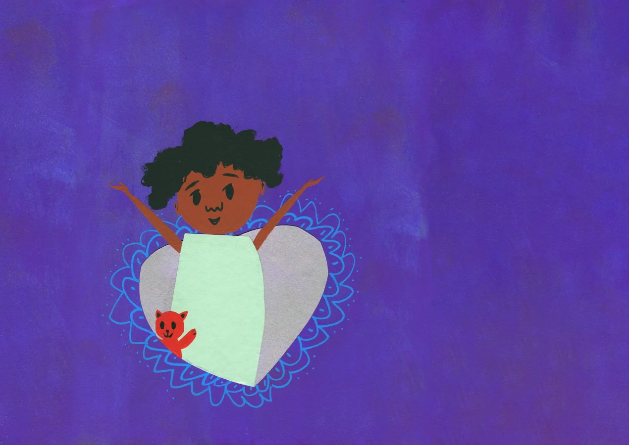 Illustration of a child with curly hair and arms raised, sitting inside a heart shape with a small red teddy bear, on a purple background.