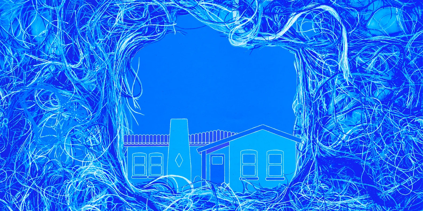 A stylized blue illustration of a house is framed by tangled, swirling blue lines resembling fibers or roots.