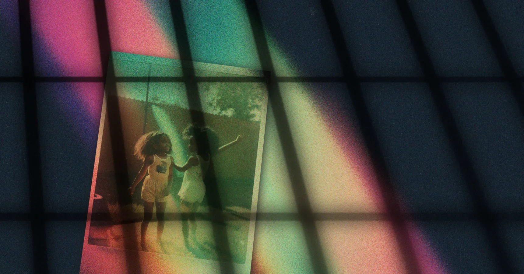 A faded photograph of two children holding hands is overlaid with colored light streaks and shadowed grid lines.