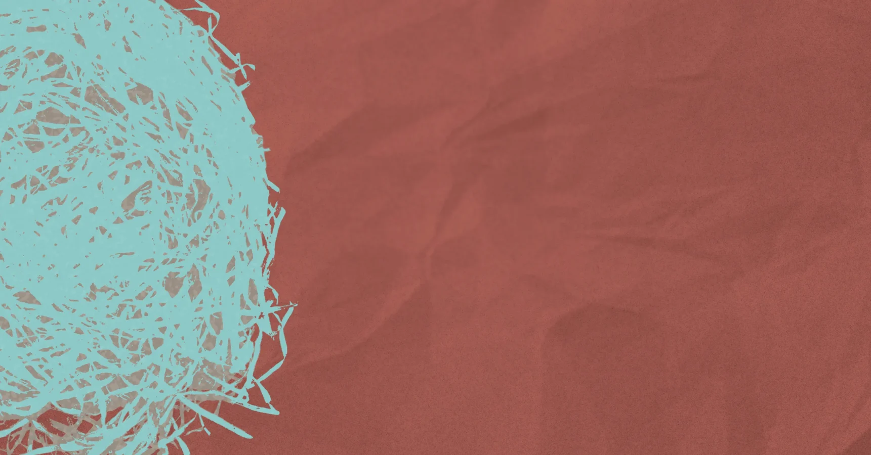 A cluster of light blue, tangled lines appears on the left side against a textured red background with visible creases.