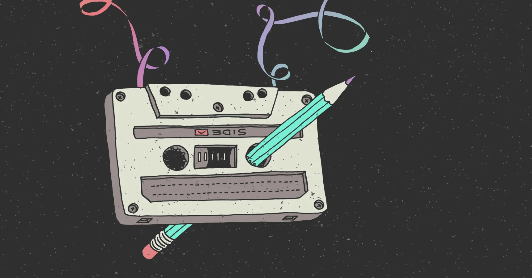 Illustration of a cassette tape with loose tape ribbon and a pencil inserted through one reel, against a speckled black background.