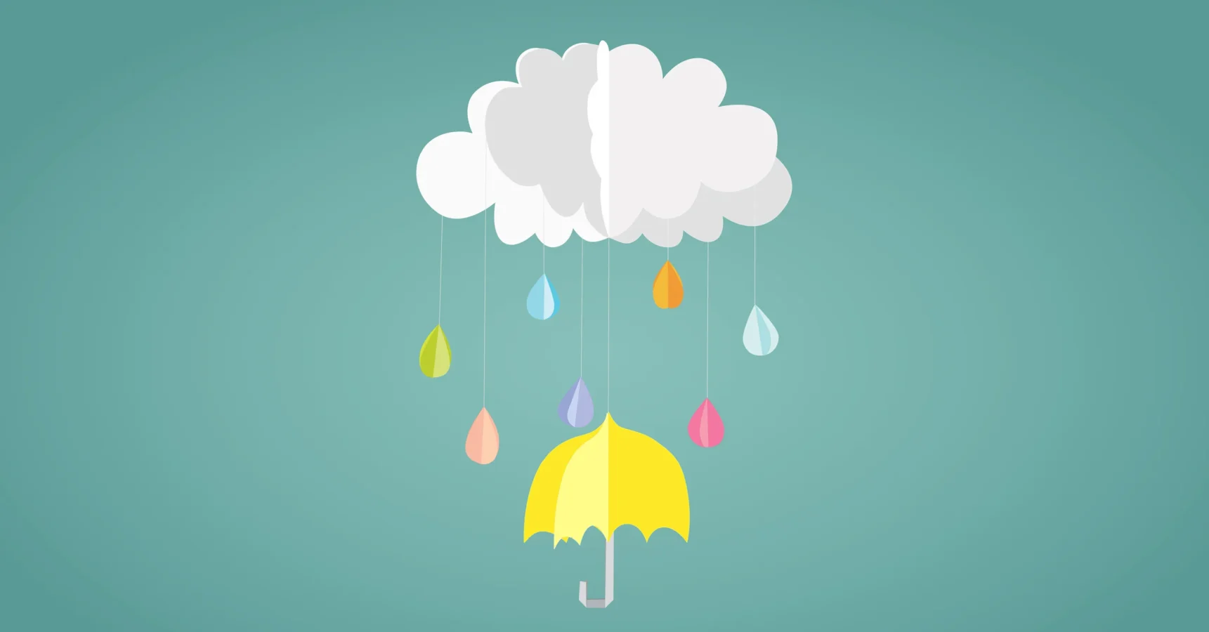 A cloud with colorful raindrops hangs above a yellow umbrella on a teal background.
