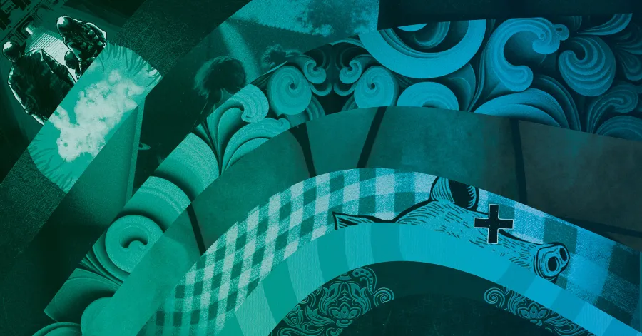 Abstract collage featuring people, swirling patterns, a checkered design, and a partial image of a pig’s face with a cross symbol, all in blue and green tones.