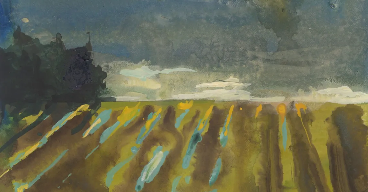A watercolor painting depicts a field with rows of crops under a cloudy sky, with dark trees on the left side and hints of blue and yellow highlights across the scene.