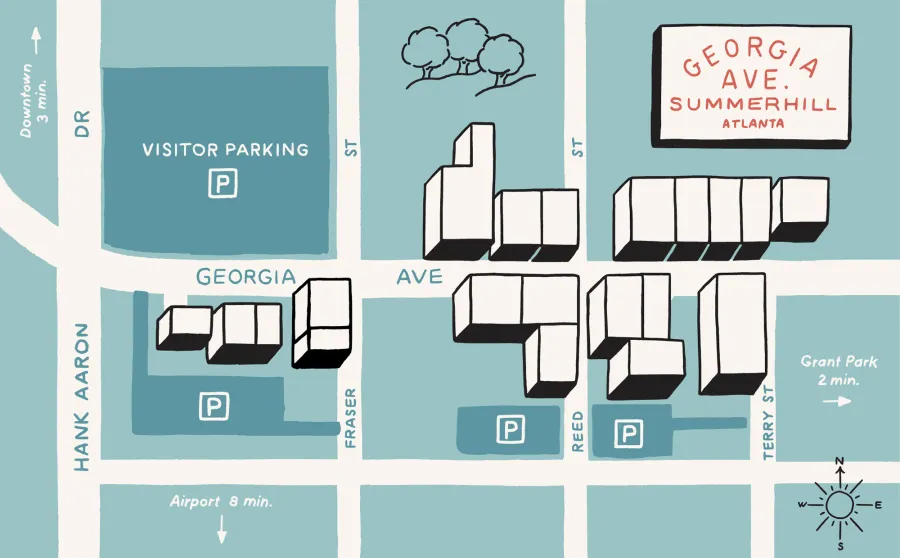 Map of Georgia Ave. in Summerhill, Atlanta, showing streets, visitor parking areas, Grant Park, and nearby travel times to downtown and the airport.