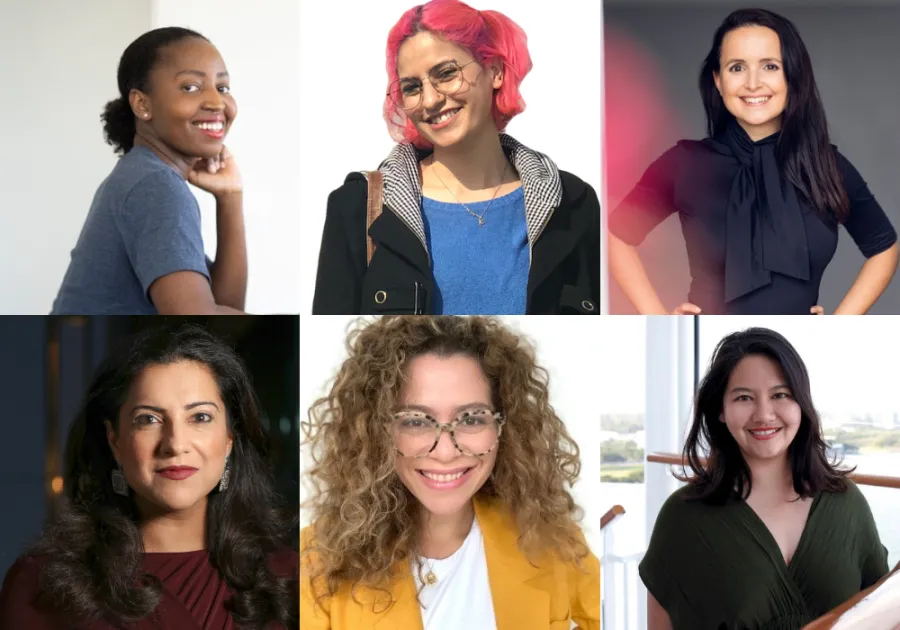 A grid of six women, each posing and smiling at the camera, with various hairstyles and clothing styles, set against different backgrounds.