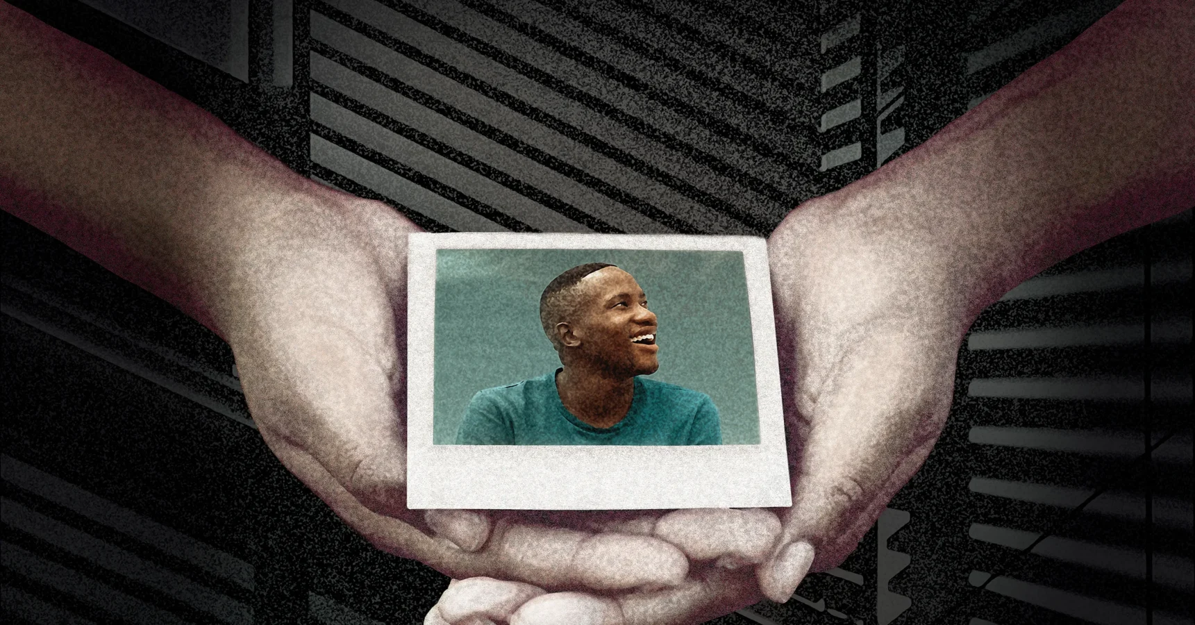 A pair of hands holds a polaroid photo of a smiling person in a blue shirt, with a patterned background of dark diagonal lines.