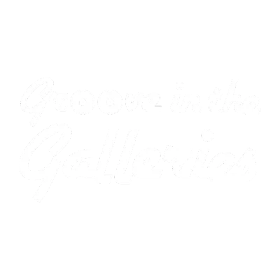 White cursive text reads "Groove in the Galleries" on a transparent background.