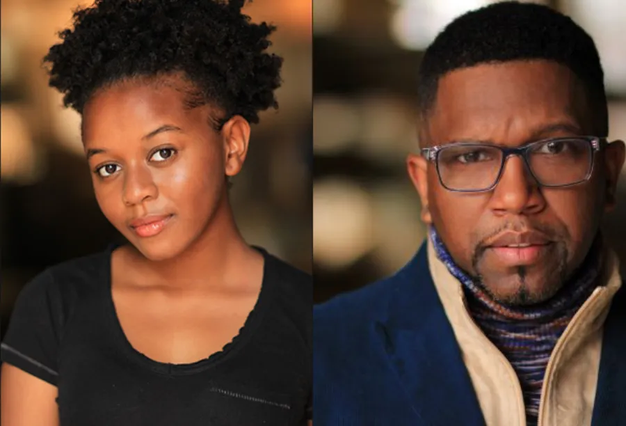 Split image showing a young woman with natural hair and a black shirt on the left, and an older man with glasses and a suit jacket on the right.