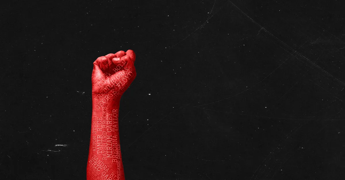 A red-painted clenched fist rises against a black background, with white text wrapping around the forearm and hand.