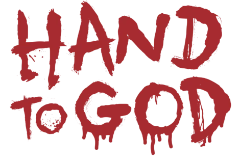 The phrase "HAND TO GOD" is written in large, red, dripping letters on a black background.