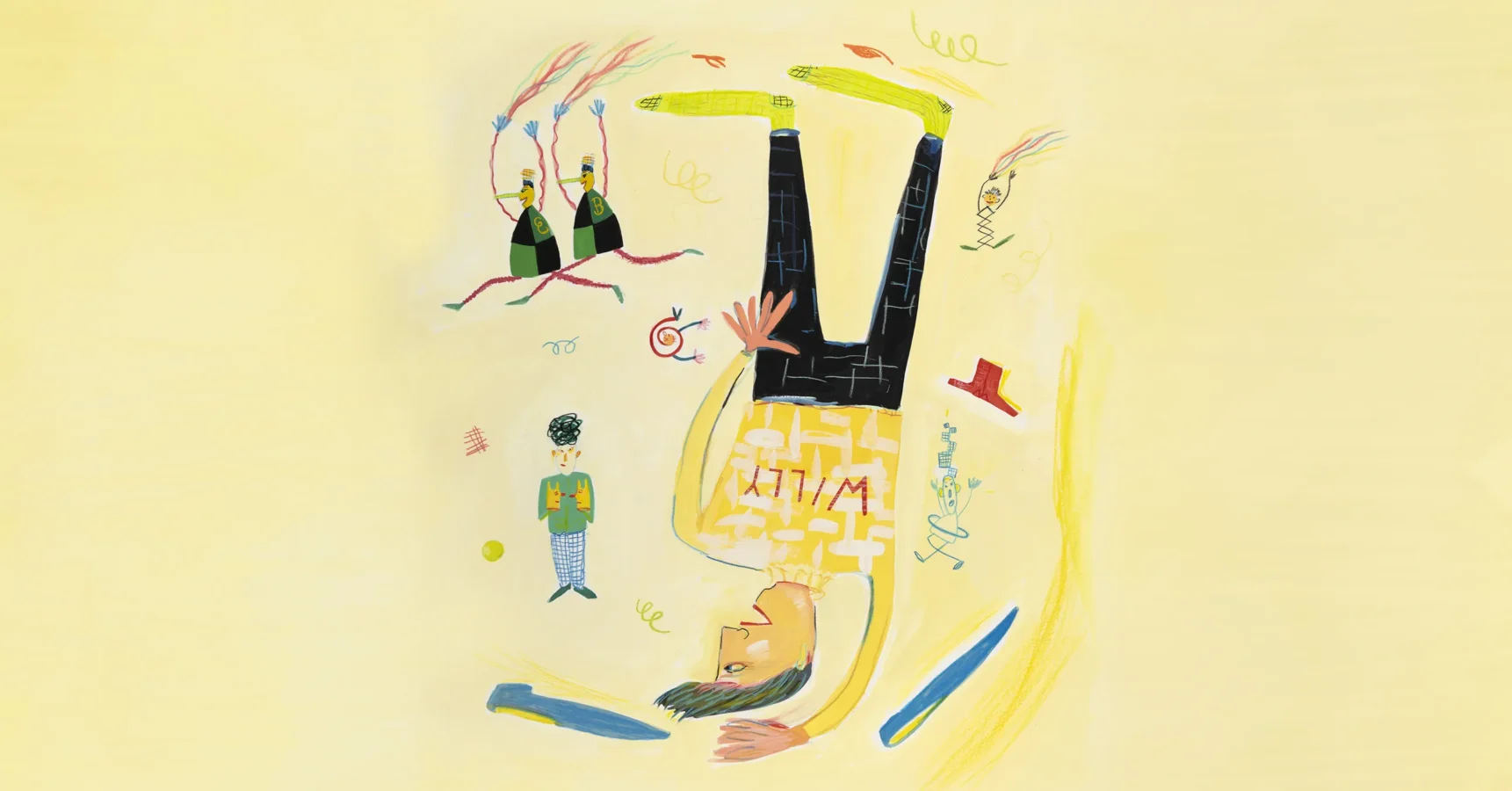 Abstract illustration of a person lying upside down surrounded by various objects, bottles, and scribbles on a yellow background.