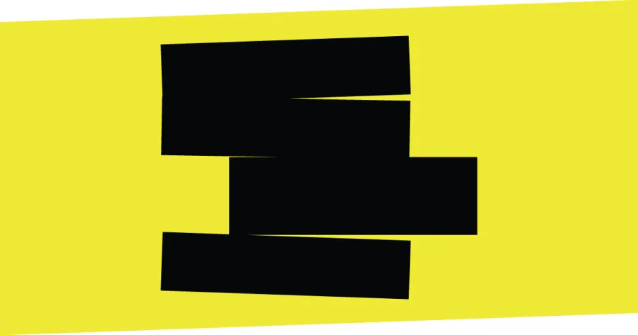 Four uneven black rectangles stacked in a staggered arrangement on a yellow background.
