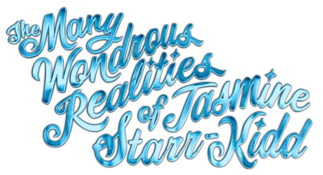 Text logo reads: "The Many Wondrous Realities of Jasmine Starr-Kidd" in blue, stylized cursive font with a striped blue background.