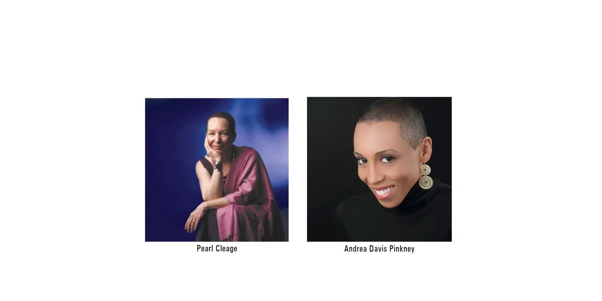 Two portraits side by side: Pearl Cleage, seated and smiling in a pink shawl; Andrea Davis Pinkney, smiling in black attire with large earrings.