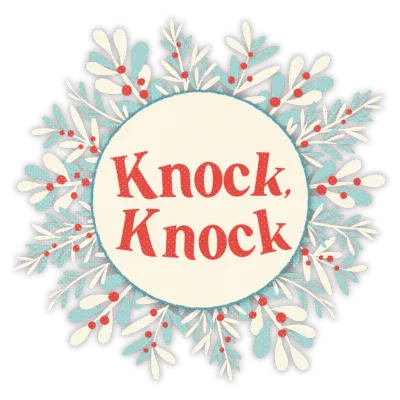 A circular wreath of blue and white leaves with red berries surrounds the words "Knock, Knock" in red text on a cream background.