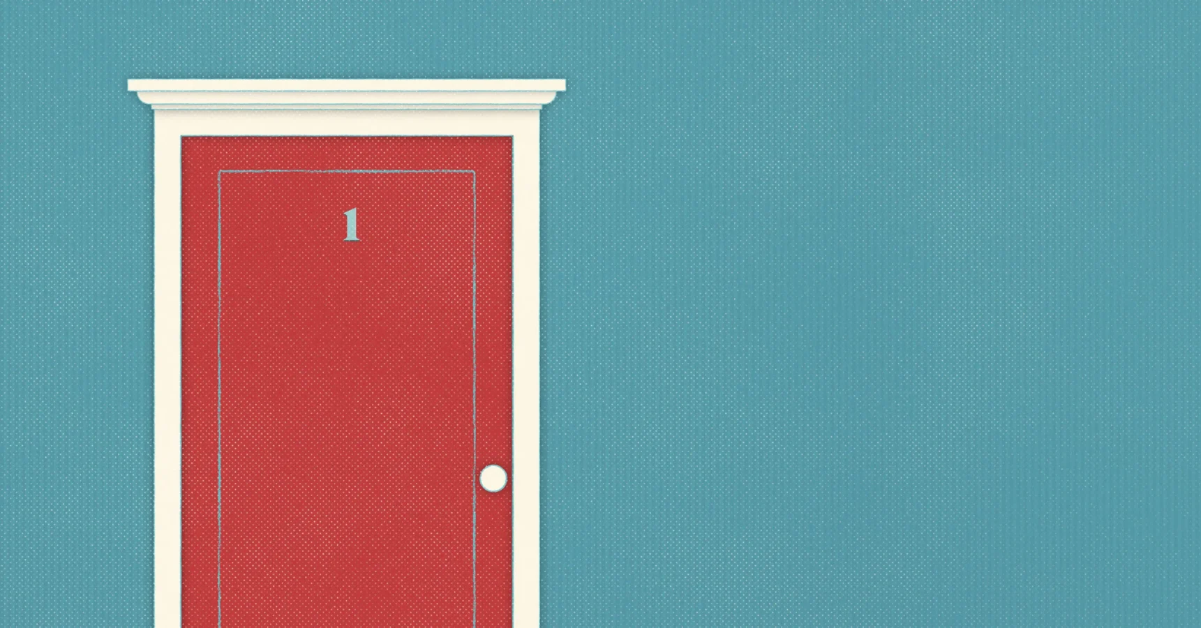 A closed red door labeled with the number 1 is set against a plain blue wall; the door has a white frame and a round white doorknob.