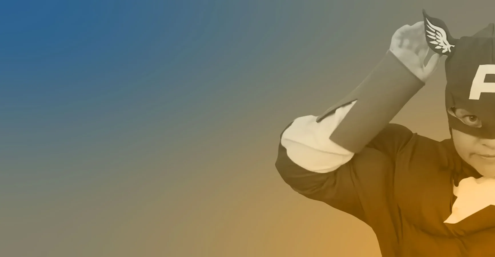Person in a superhero costume with a "P" on the mask and a wing emblem, raising one arm, against a gradient blue and orange background.