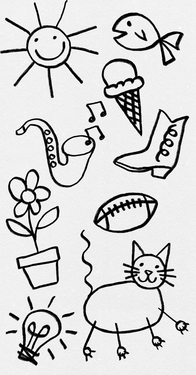 Black and white doodles of a sun, fish, ice cream cone, boot, saxophone with music notes, potted flower, football, cat, and light bulb on a white background.