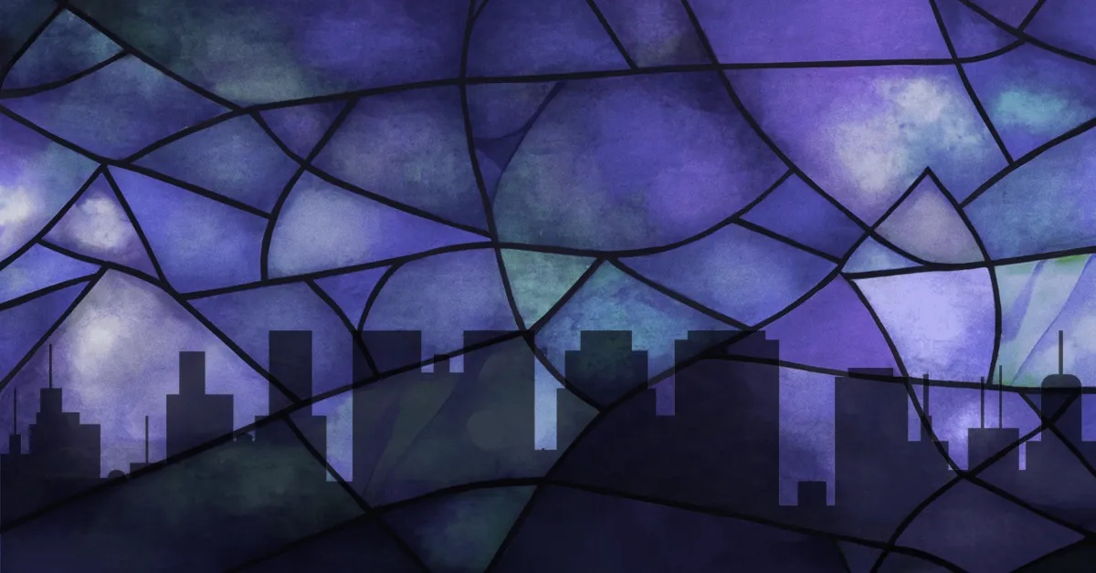 Abstract stained glass design in shades of blue and purple with a dark city skyline silhouette in the background.