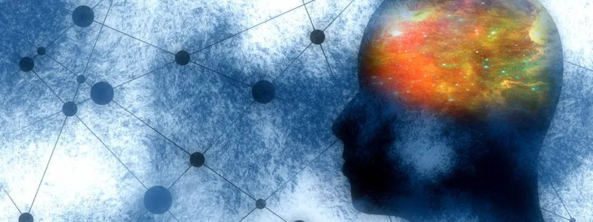 Silhouette of a human head with a colorful, abstract pattern inside the brain area, set against a background of interconnected nodes and lines.