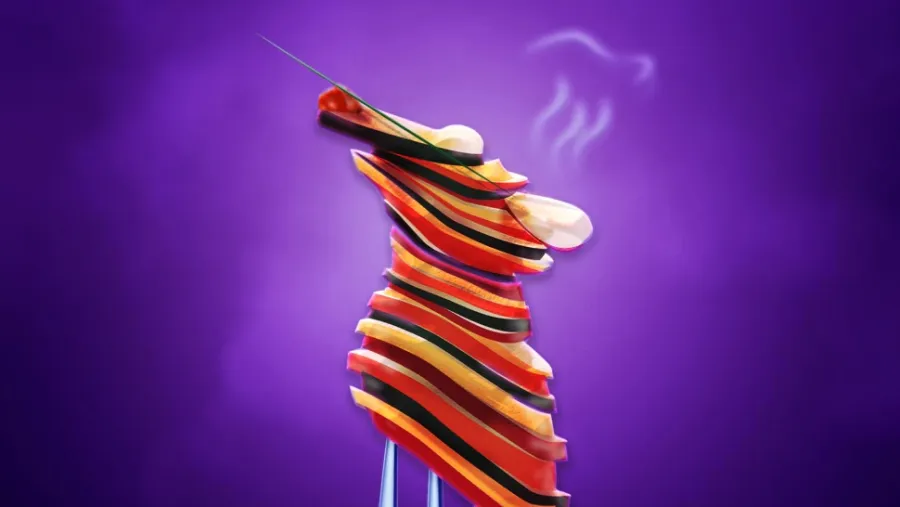 A stylized illustration of a rat made from colorful, thin food slices stands upright on blue legs against a purple background, with steam shaped like a chef hat above its head.