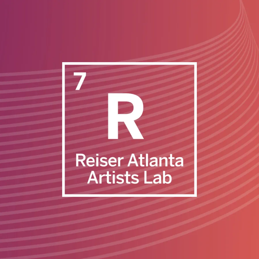 White text in a square reads "7 R Reiser Atlanta Artists Lab" on a pink and purple gradient background with diagonal white lines.
