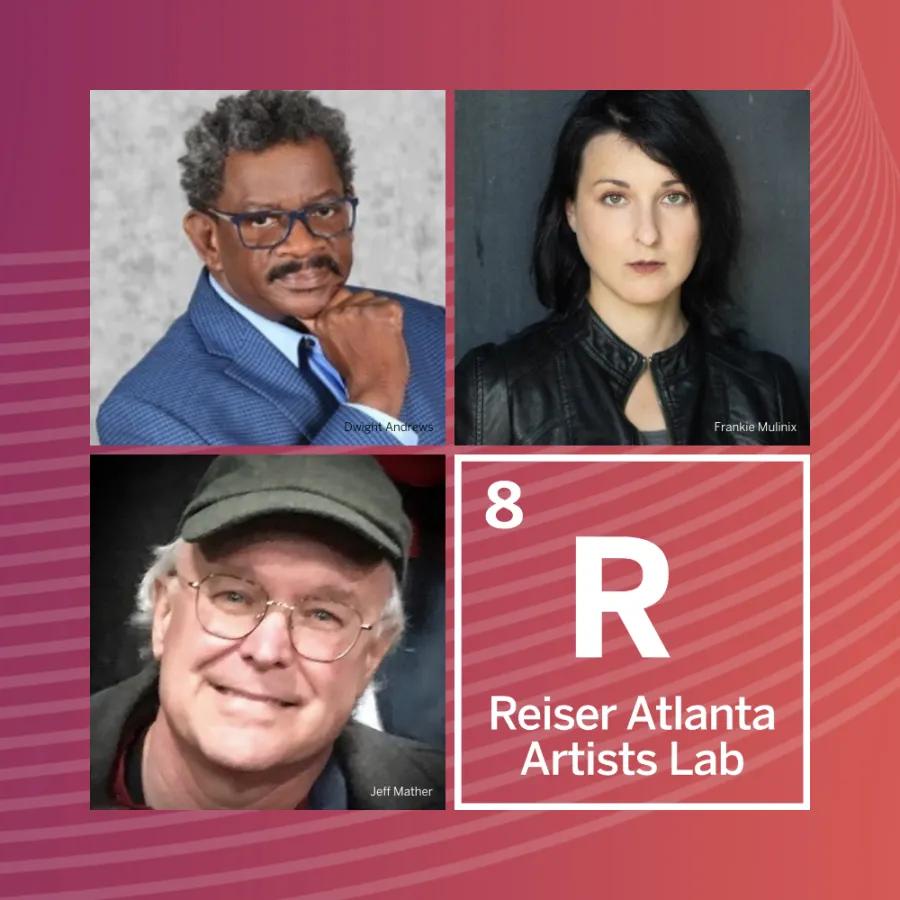 Three people are pictured above a box reading "8 R Reiser Atlanta Artists Lab" on a pink and purple gradient background.